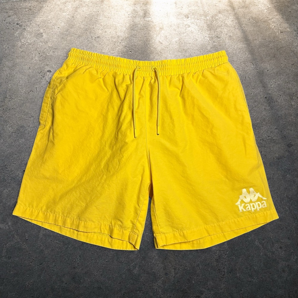 Kappa Yellow Nylon Drawstring Logo Shorts Mens Large Retro Skater Y2K Baggy